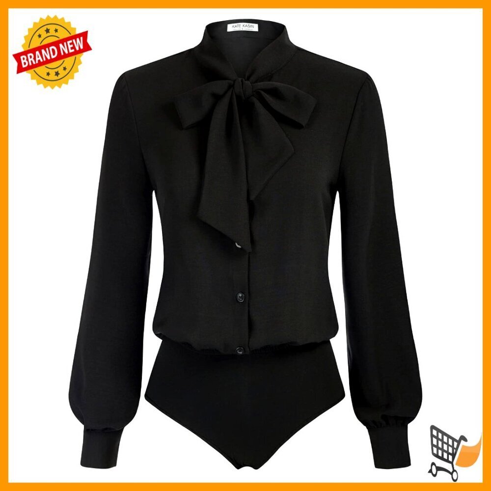 Bow Tie V-Neck Blouse Long Sleeve Button Down Office Elegant Chic Bodysuit Top